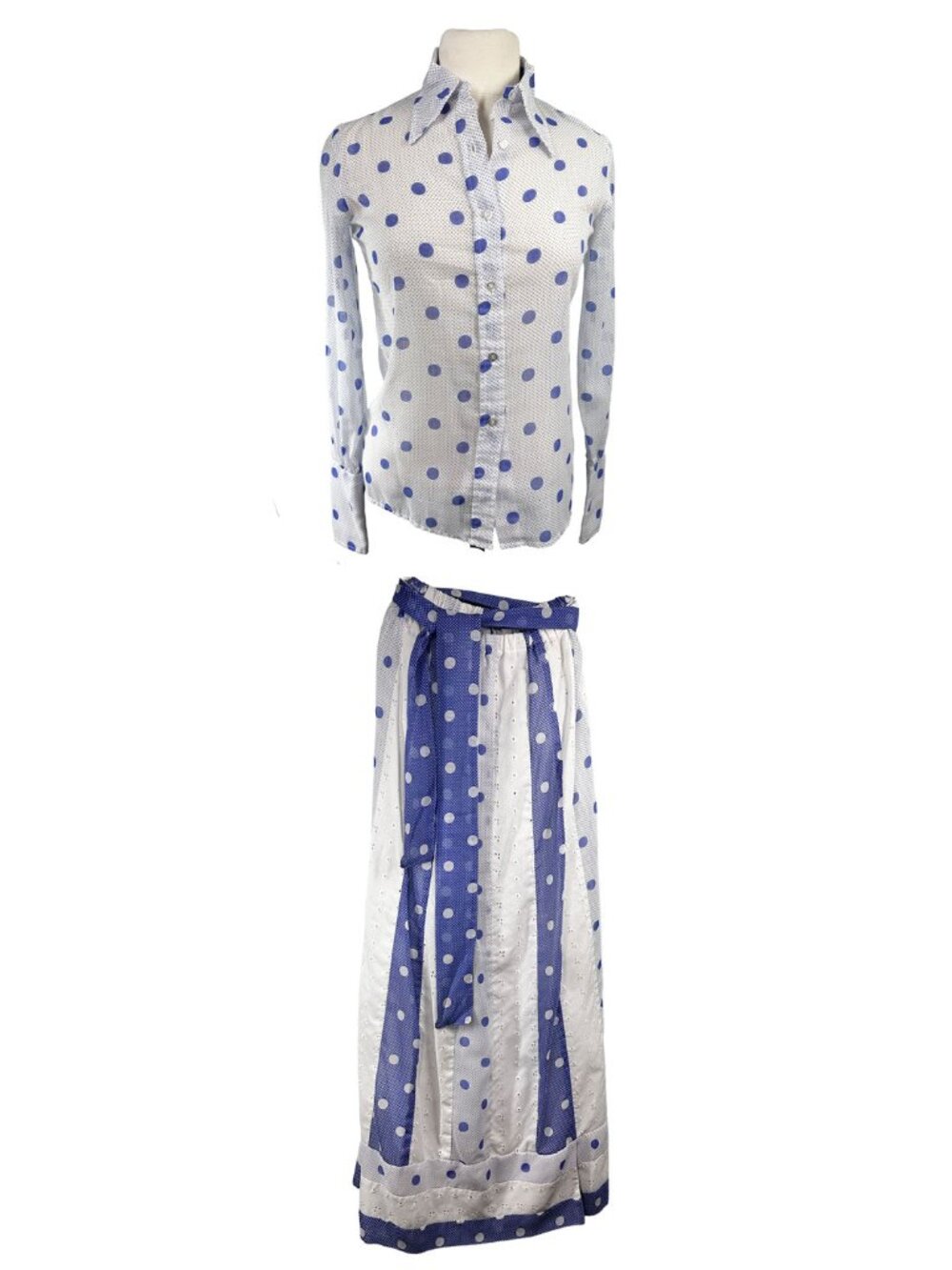 Vintage 70s Alice of California Sheer Blouse & Skirt Set Blue Polka Dot Midi S